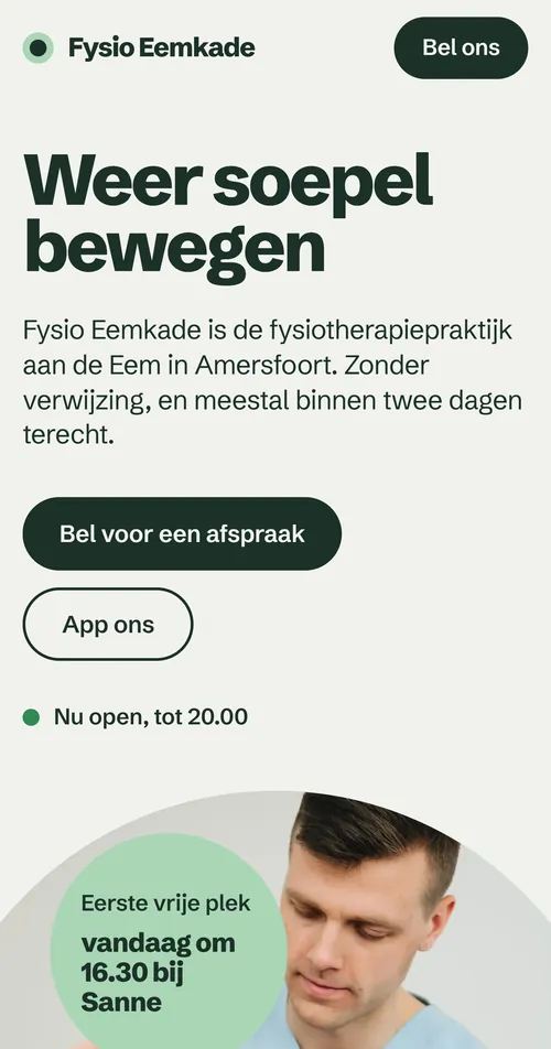 Telefoonweergave van Basis voor Fysio Eemkade, een verzonnen fysiotherapiepraktijk