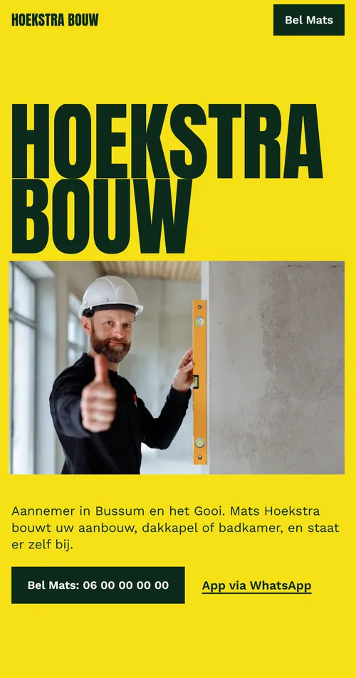 Telefoonweergave van Basis voor Hoekstra Bouw, een verzonnen aannemer