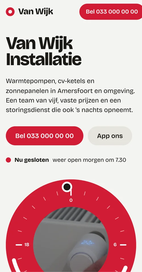 Telefoonweergave van Basis voor Van Wijk Installatie, een verzonnen installateur